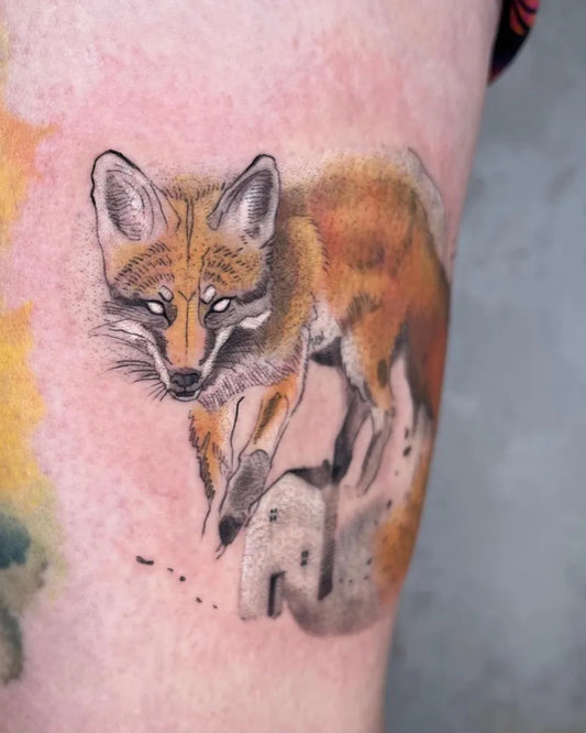 Small Watercolor Fox and Sheep Reflection Tattoo on Women Arm by @zsifis_painthings