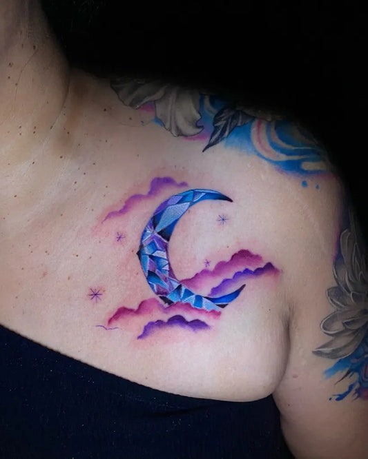 Small Watercolor Geometric Moon Clouds Tattoo on Women Shoulder by @inkoverdose.tt