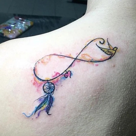 Small Watercolor Infinity Dreamcatcher Hummingbird Tattoo on Women Neck by @tatuazhe.aa