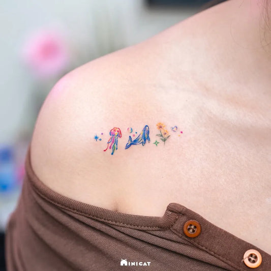 Small Watercolor Jellyfish Whale Flower on Women Shoulder Tattoo by @minicat_tattoo