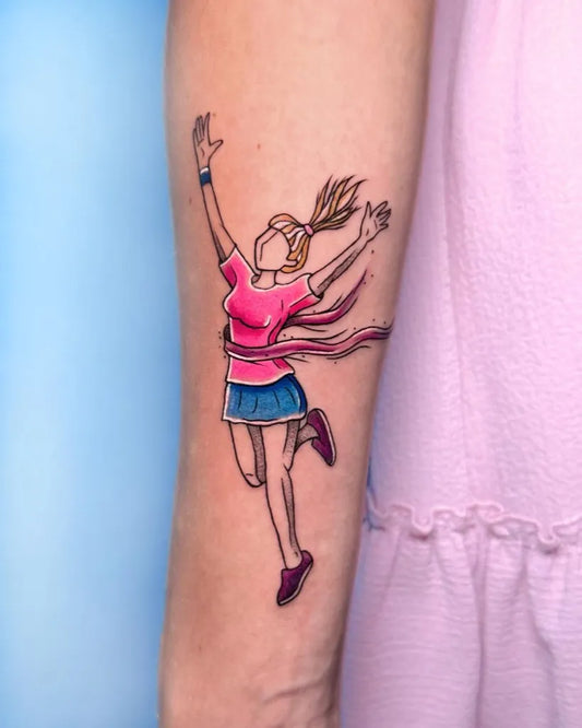 Small Watercolor Jumping Woman with Ribbon on Women Arm Tattoo by @ekspresja.tattoo
