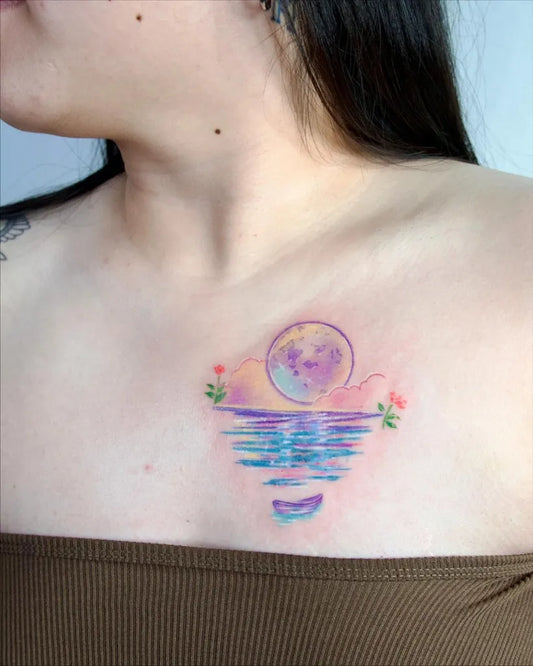 Small Watercolor Moon Reflection Tattoo on Women Chest by @tattooist__lala