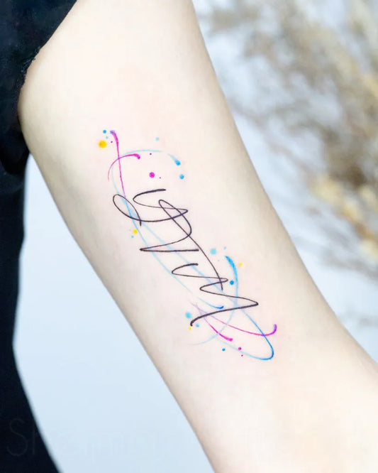 Small Watercolor Name with Dots on Women Arm Tattoo by @sherman.tattoohk
