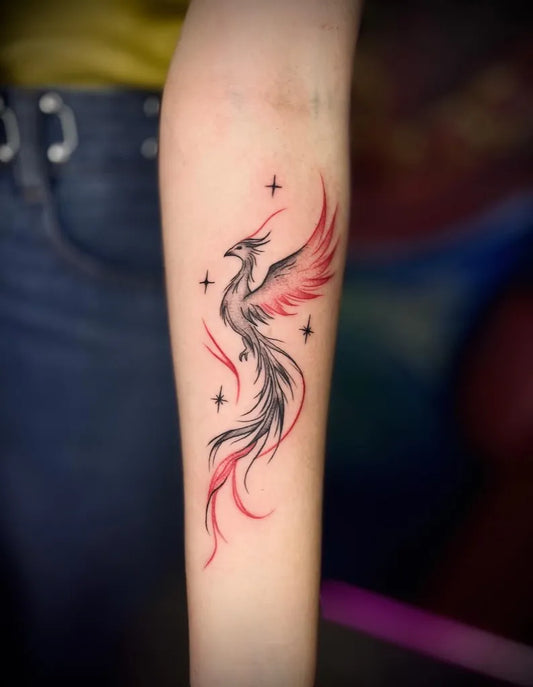 Small Watercolor Phoenix with Stars on Women Arm Tattoo by @inkbyj025