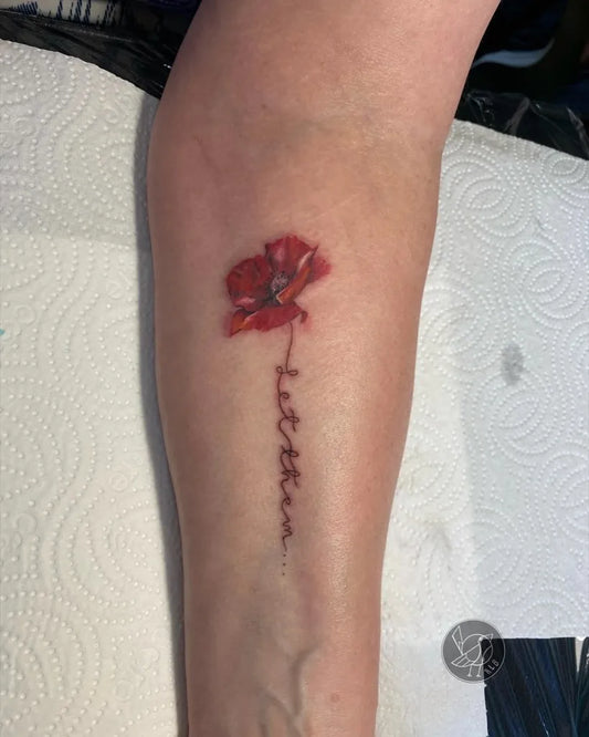Small Watercolor Red Poppy Let Them on Women Arm Tattoo by @robynlynboschart
