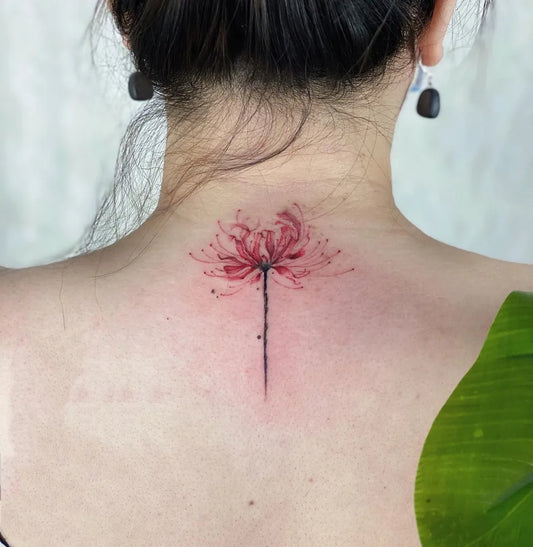Small Watercolor Red Spider Lily Tattoo on Women Nape by @koizhou_tattooist