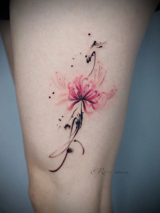 Small Watercolor Spider Lily Pink Tattoo on Women Thigh by @rivertattooart