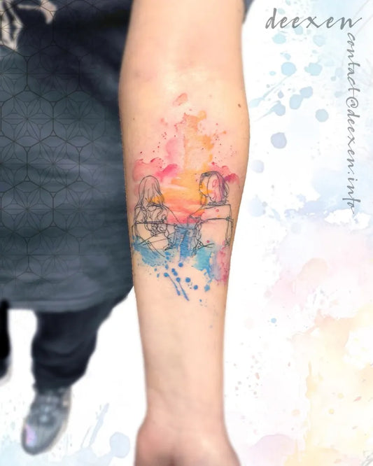 Small Watercolor Sunset Embrace on Men Arm Tattoo by @deexen_tattooing