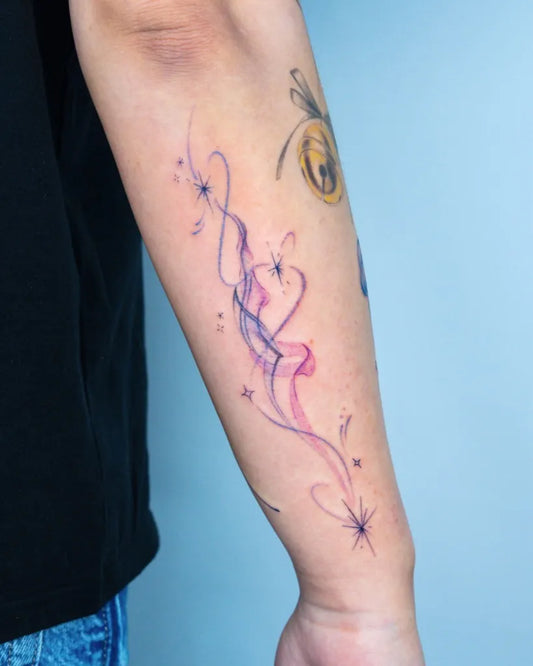 Small Watercolor Swirling Smoke Hearts Stars on Men Arm Tattoo by @zia_tattoo