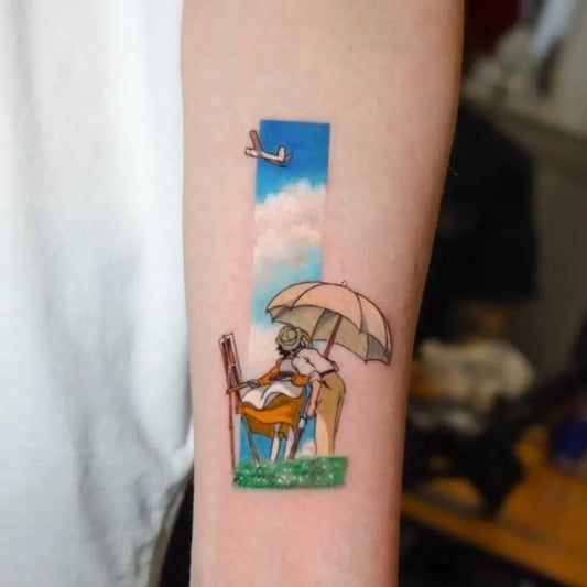 Small Watercolor Umbrella Artist Airplane on Women Forearm Tattoo by @chiswicktattoo