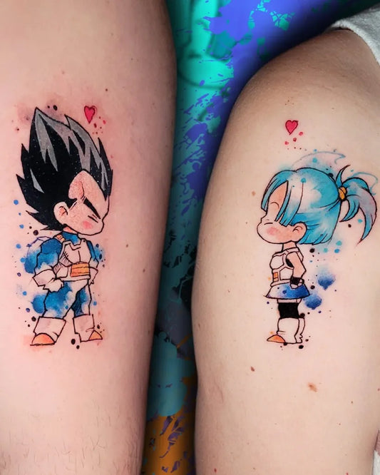 Small Watercolor Vegeta and Bulma couple on Women Shoulder Tattoo by @baltapaprocki