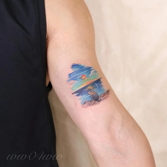 Small Watercolor Wave Sunset Tattoo on Women Arm by @ww04ww