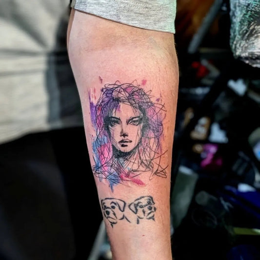 Small Watercolor Woman Face with Abstract Hair on Men Arm Tattoo by @aleksgtattooart
