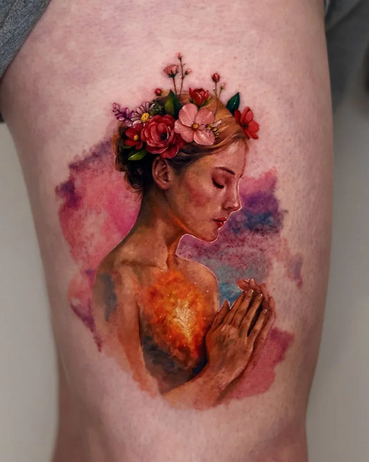 Small Watercolor Woman with Flower Crown and Praying Hands on Women Thigh Tattoo by @tattooist_yum