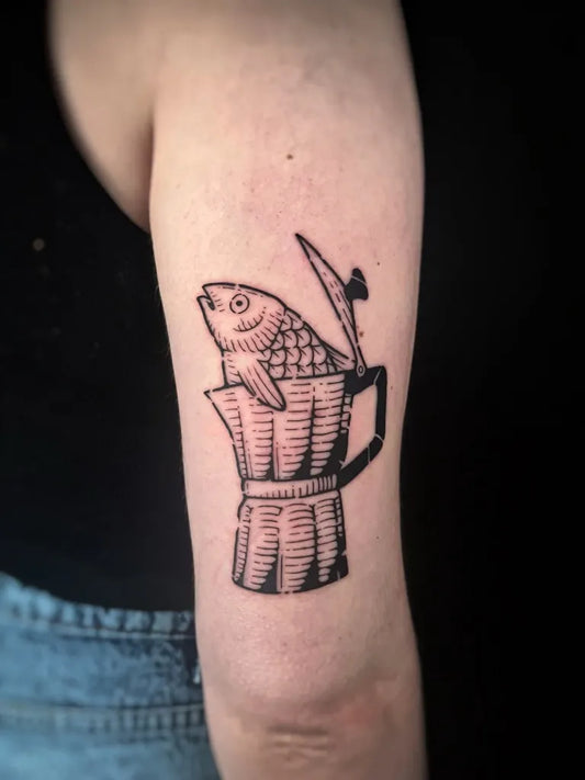 Small Woodcut Fish and Moka Pot Tattoo on Women Arm by @ratdungeontattoo