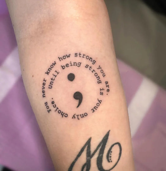 Small Word Semicolon Initial on Women Arm Tattoo by @bugpinquinn
