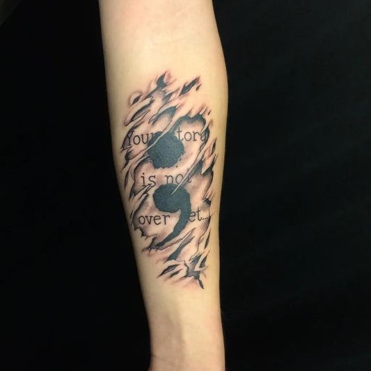 Small Word Semicolon on Women Arm Tattoo by @victor.demonkind
