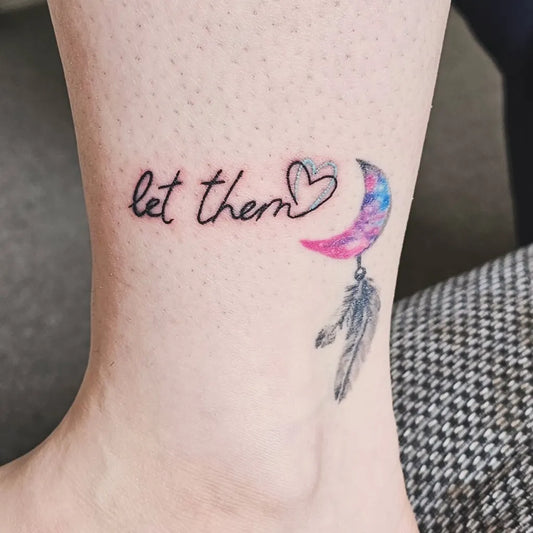 Small Wordy Let Them Moon Feather on Women Ankle Tattoo by @abz_box19