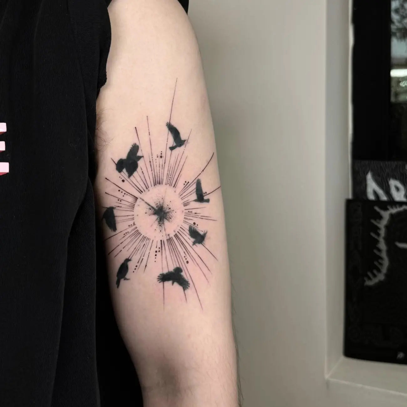 Blackwork
Fine Line Sunburst and Birds Semi-Permanent Temporary Tattoo on Upper Arm