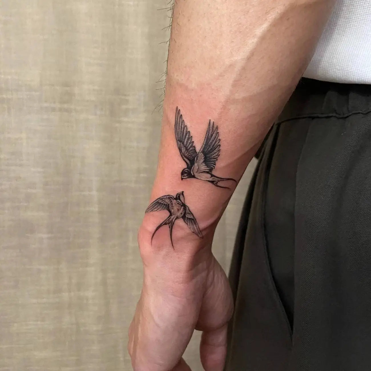 Black and Grey Swallows Couple Semi-Permanent Temporary Tattoo on Wrist