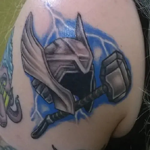 blue Thors helmet hammer tattoo