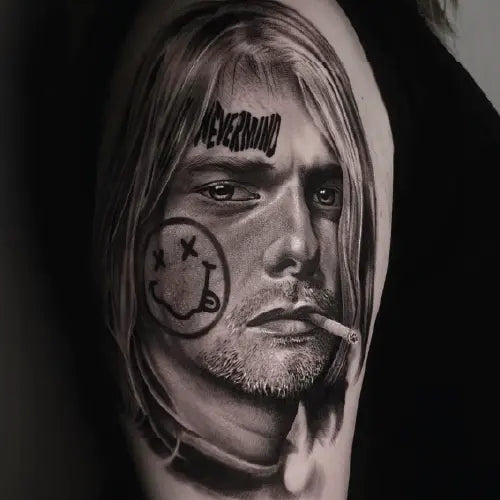 realistic Nirvana Kurt Cobain portrait tattoo