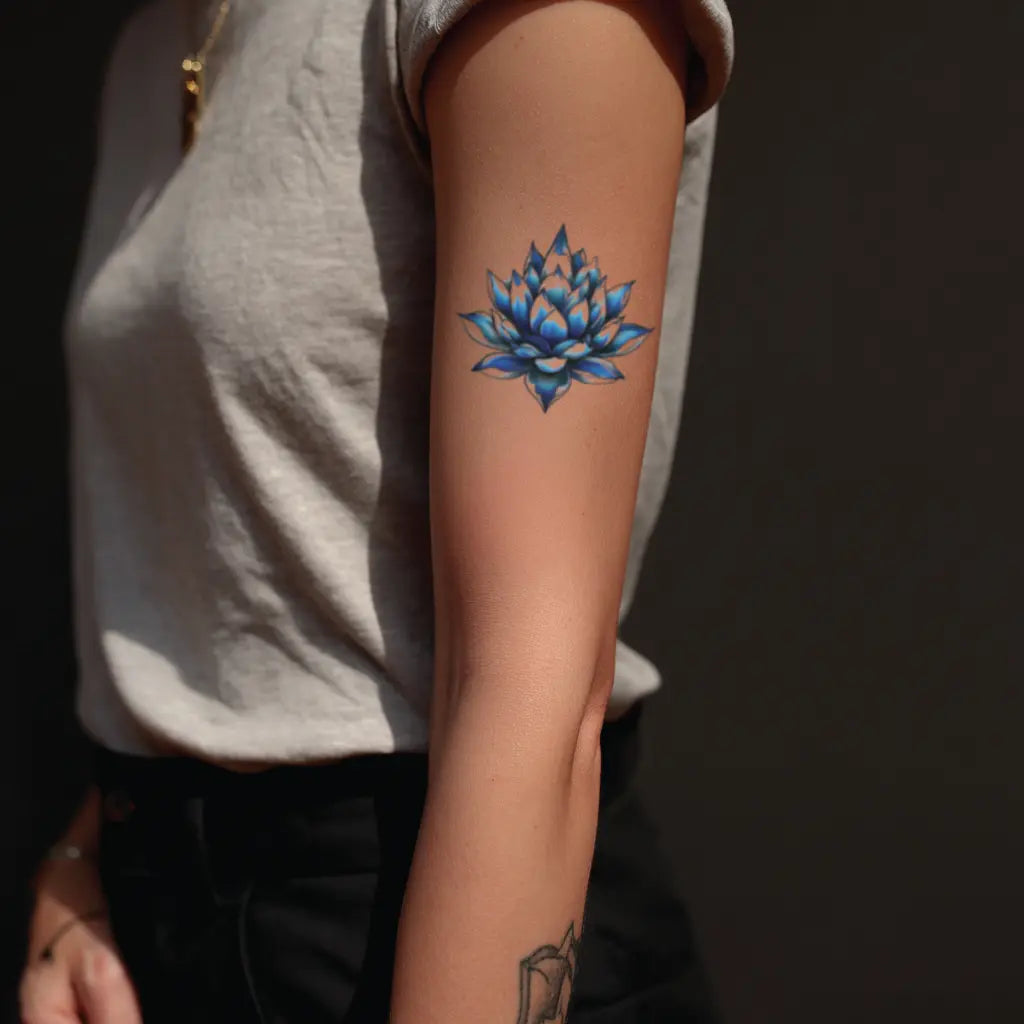 blue lotus flower bicep temporary tattoo idea design