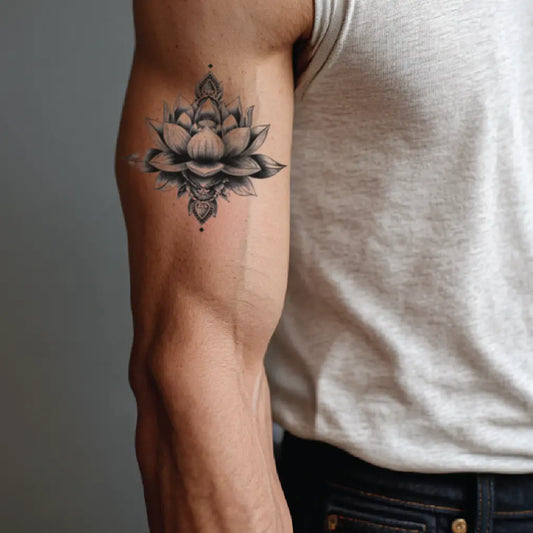 lotus flower men bicep temporary tattoo idea design