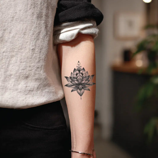 black and grey lotus flower forearm temporary tattoo idea design