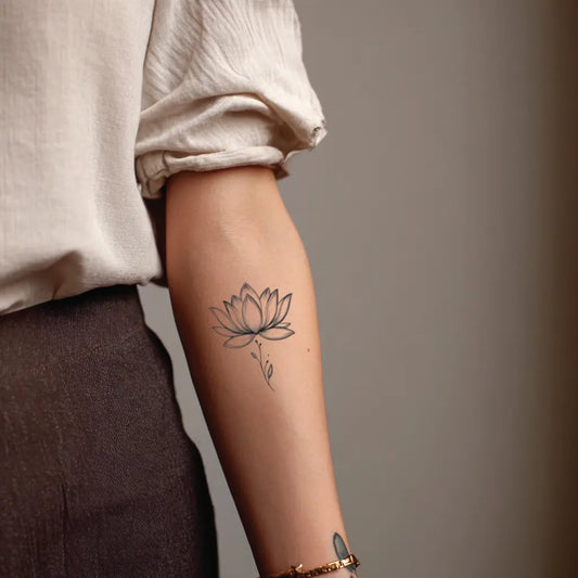 fine line lotus flower forearm temporary tattoo idea design