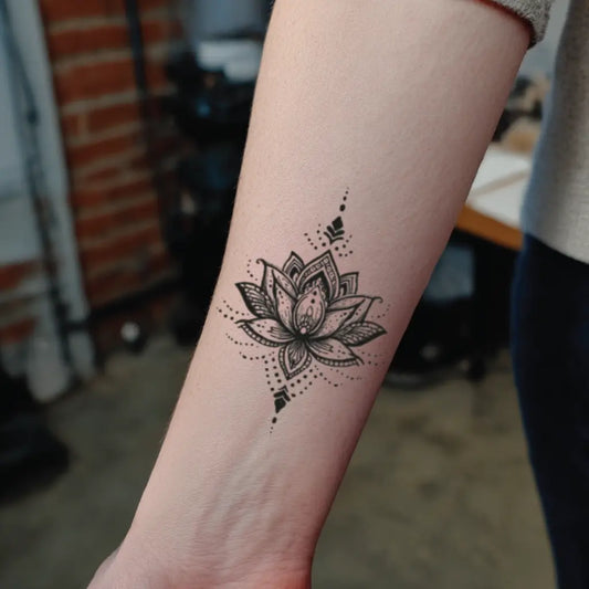 henna style lotus flower forearm temporary tattoo idea design