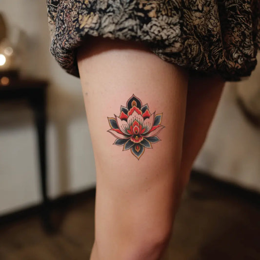 traditional lotus flower thigh temporary tattoo idea design