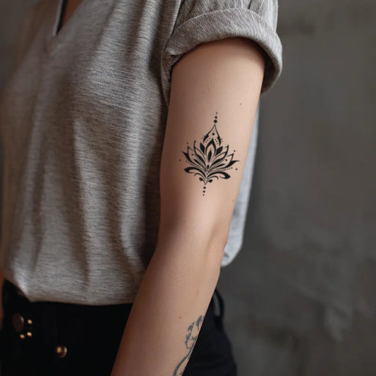 tribal lotus flower bicep temporary tattoo idea design