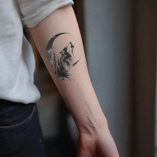 wolf and moon forearm temporary tattoo idea design
