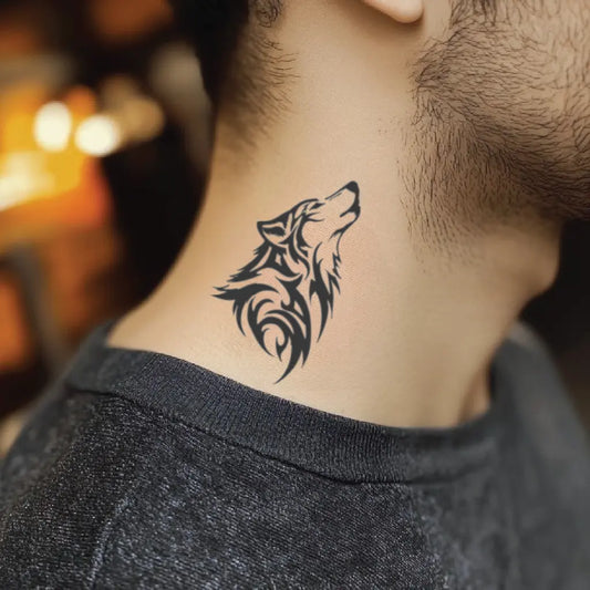 simple tribal wolf neck temporary tattoo idea design