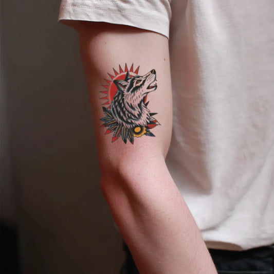 american traditional wolf bicep temporary tattoo idea design