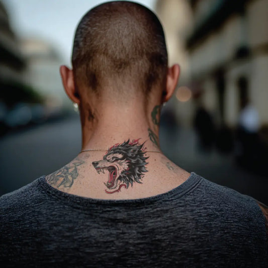neo traditional wolf neck temporary tattoo idea design