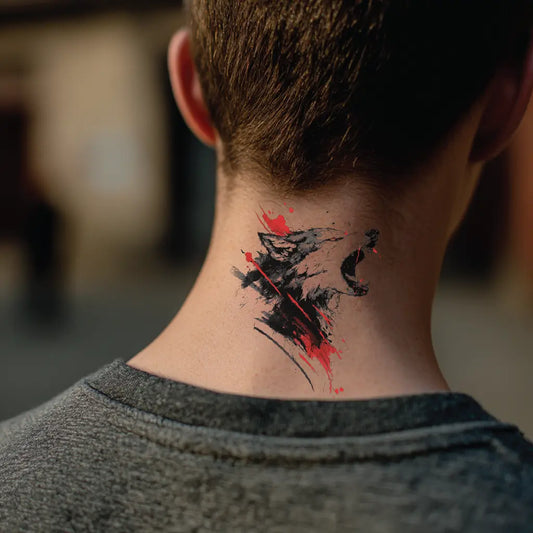 angry lone wolf neck temporary tattoo idea design