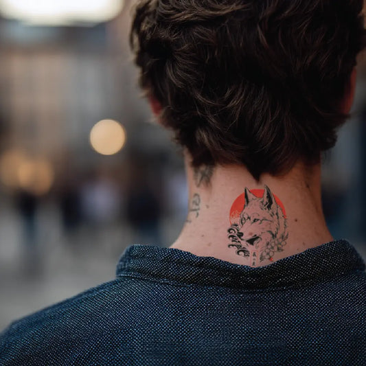 japanese wolf neck temporary tattoo idea design