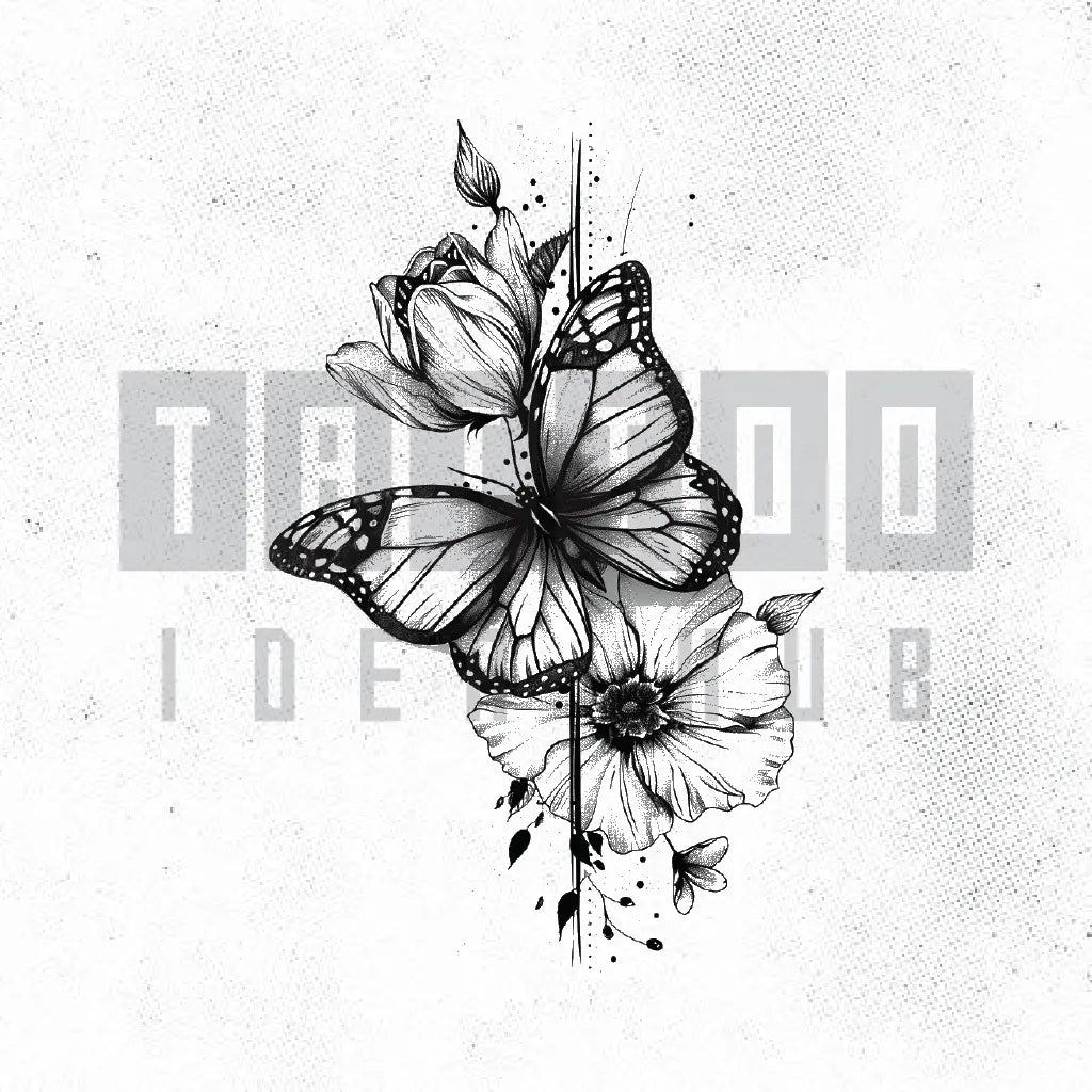 butterfly flowers tattoo idea design stencil png