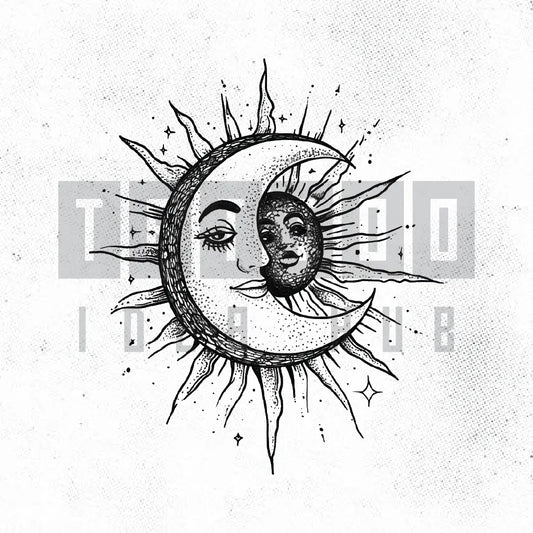 bohemian sun and moon tattoo idea design stencil png