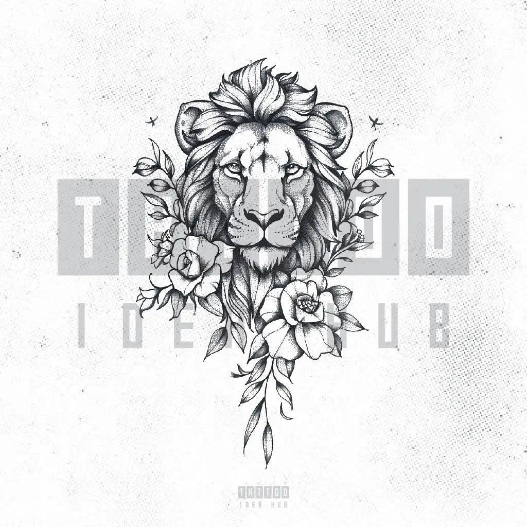 lion flowers tattoo idea design stencil png