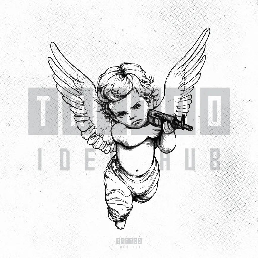 cherub angel baby with ak47 gun tattoo idea design stencil png