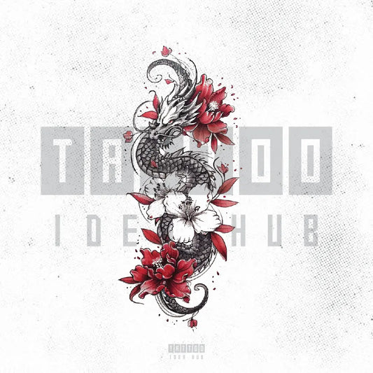 dragon and flower tattoo idea design stencil png