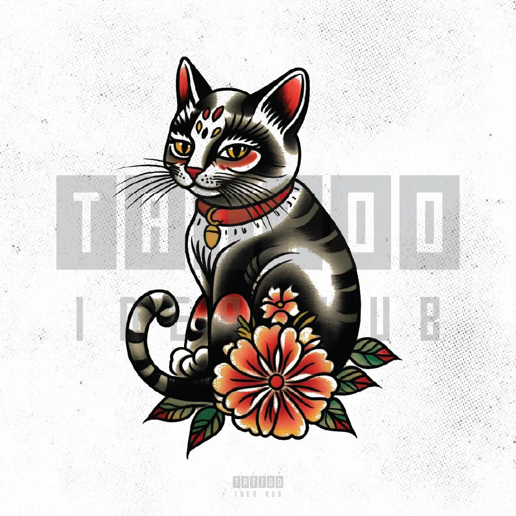 traditional black cat tattoo idea design stencil png