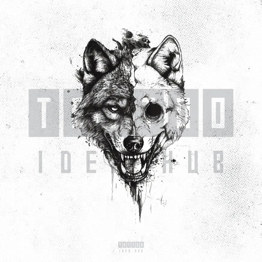 half skull wolf tattoo idea design stencil png