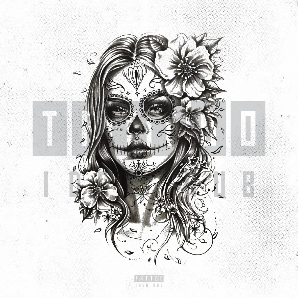 sugar skull woman tattoo idea design stencil png