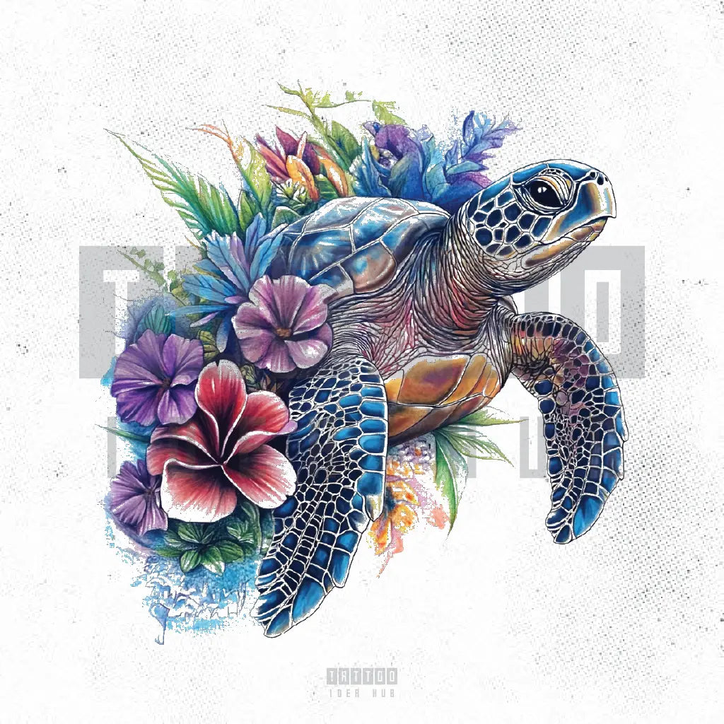 watercolor sea turtle flower tattoo idea design stencil png