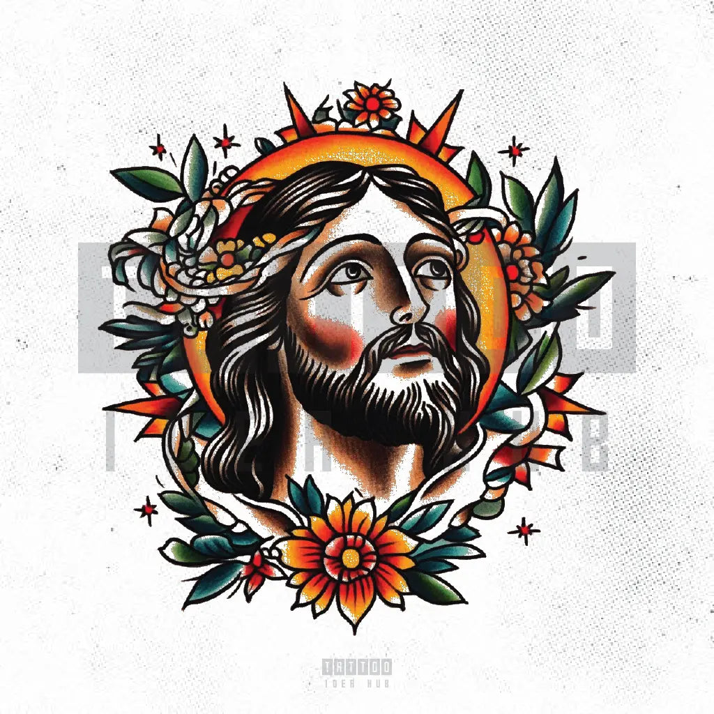 traditional jesus portrait tattoo idea design stencil png