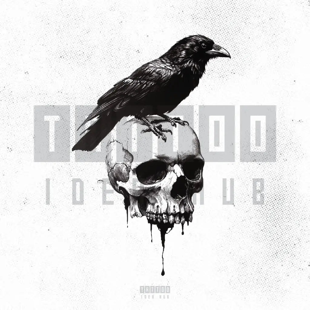 gothic crow on skull tattoo idea design stencil png